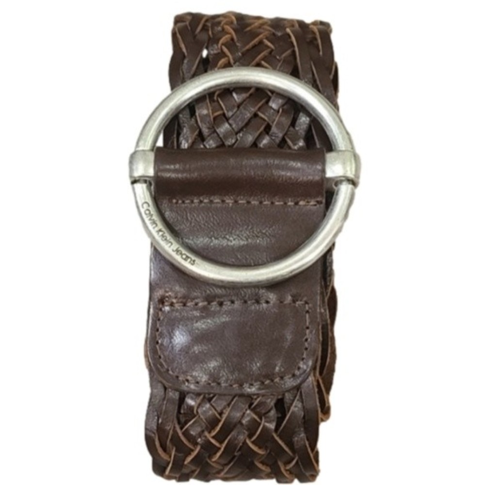 Calvin Klein Jeans Mens Brown Leather Braided Round Cutout Silver Buckle Belt